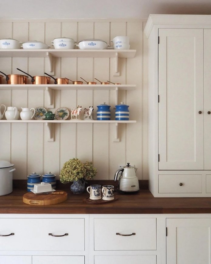 dishes on shelves