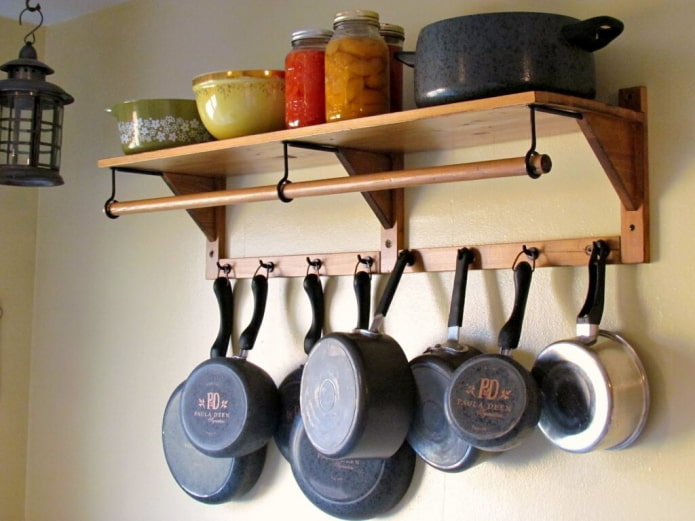Frying pans on hooks