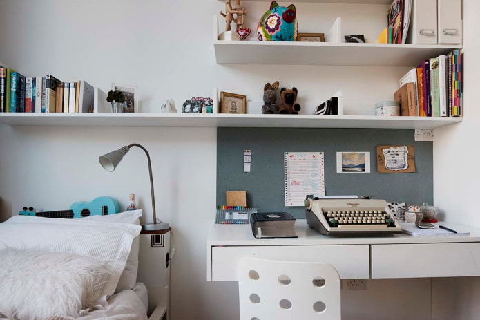Small bedroom with shelves