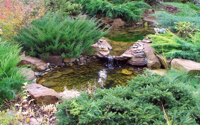 artificial pond with conifers and a waterfall