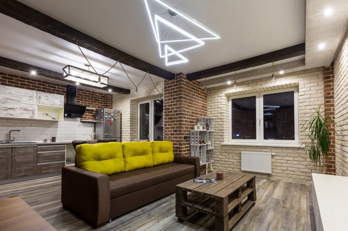 brickwork in the interior of the kitchen-living room