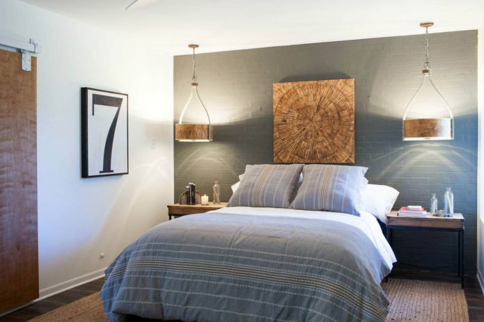 Gray brick wallpaper in the bedroom