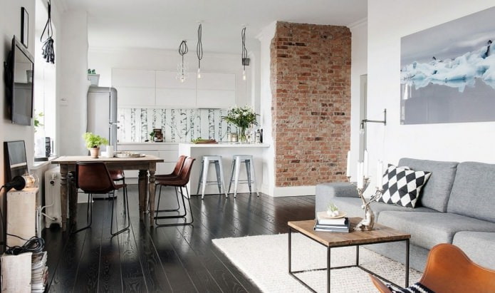 Brick in the interior of the kitchen-living room