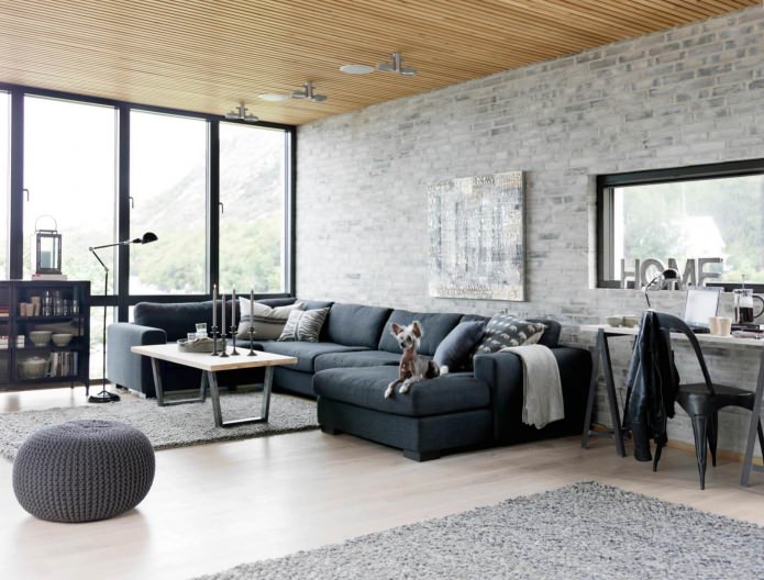 Gray brick in the living room interior