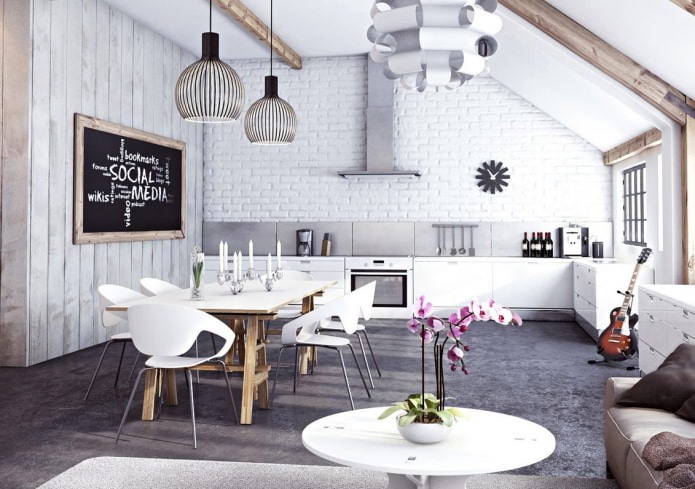 white brick wall in the kitchen interior
