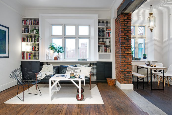zoning brick wall in the interior of the kitchen-living room