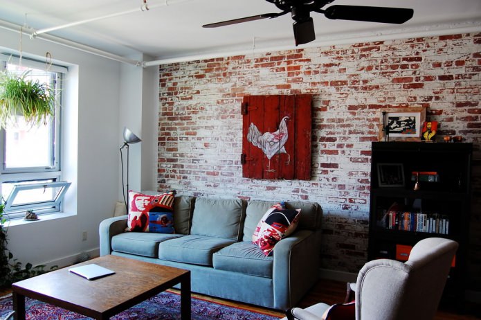 Red brick wallpaper in living room design