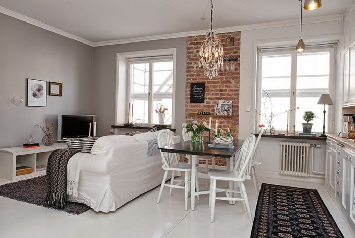 Brick in the interior of the kitchen-living room