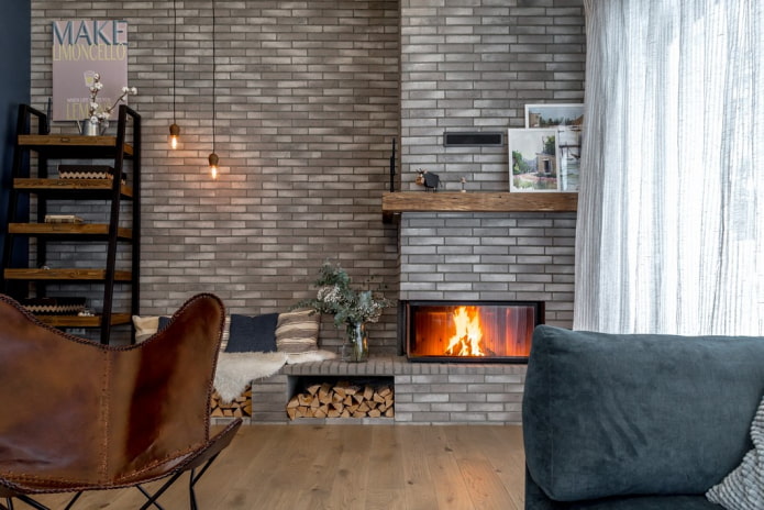 fireplace with clinker tile cladding