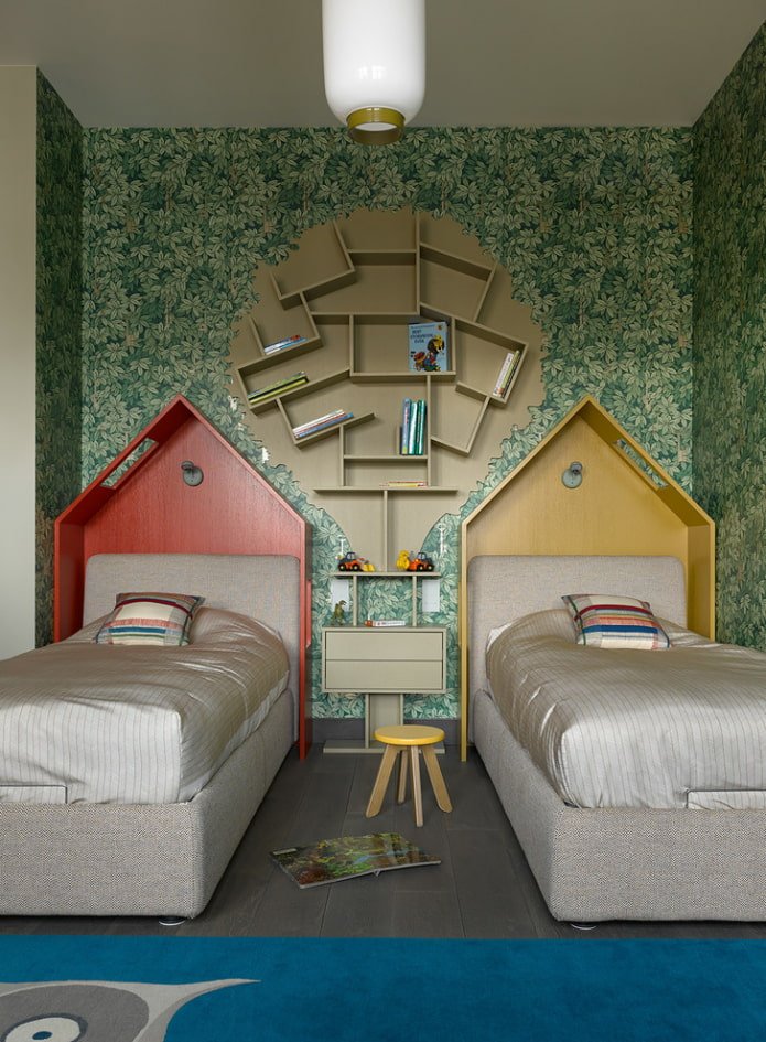 book shelves in the interior of a child's room