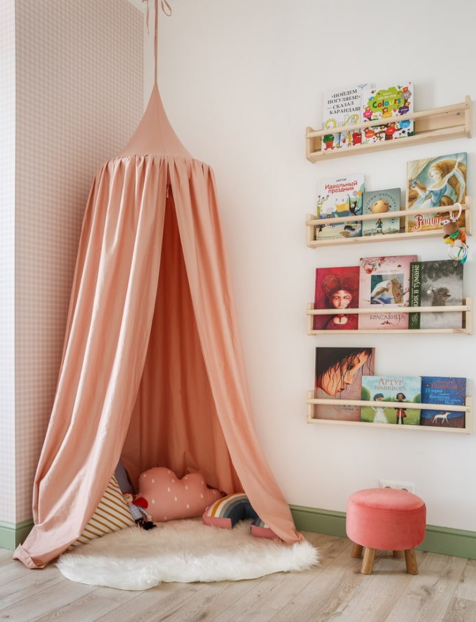 book shelves in the interior of a child's room