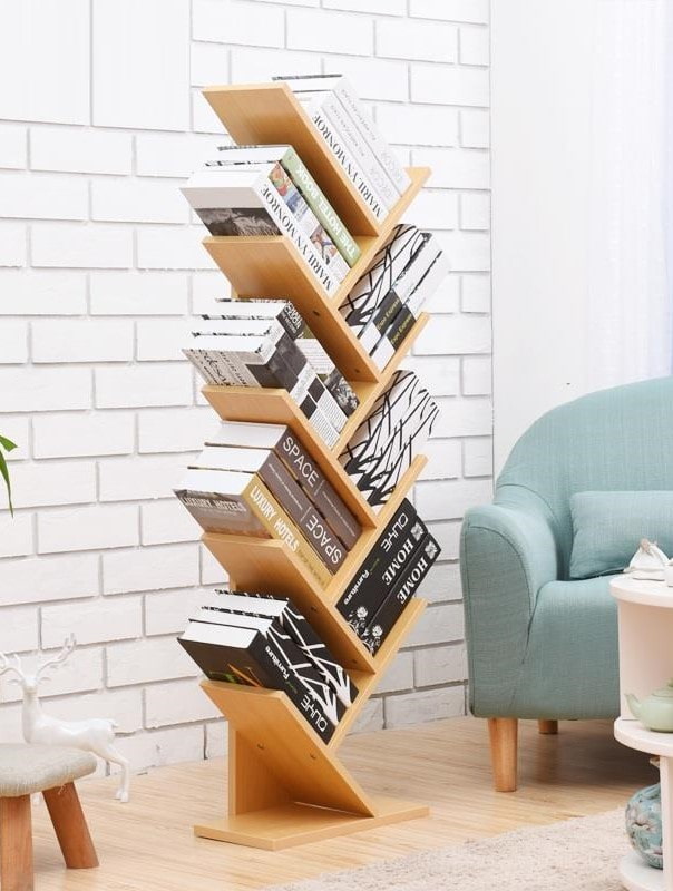 herringbone book shelves in the interior