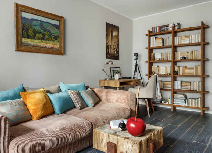 wooden shelves for books in the living room interior