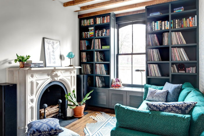 color scheme of bookshelves in the interior