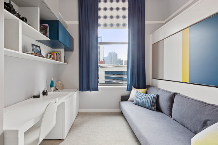 design of a narrow bedroom for a teenage boy