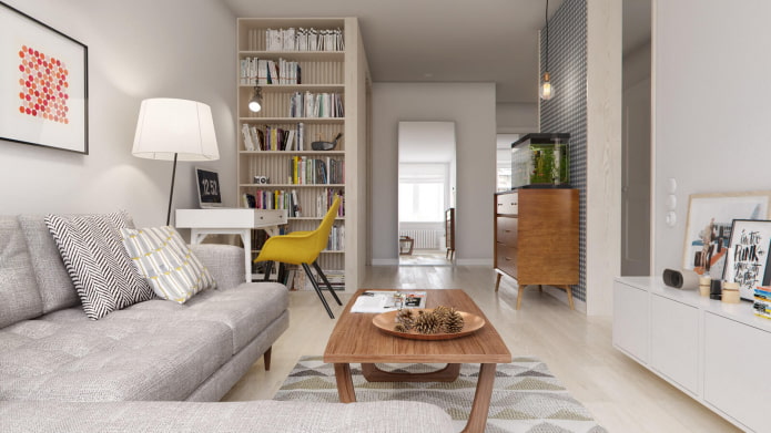 Living room with an aquarium on a chest of drawers