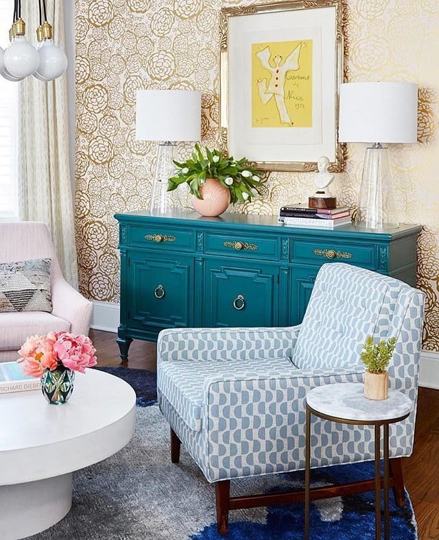 Living room with a turquoise chest of drawers