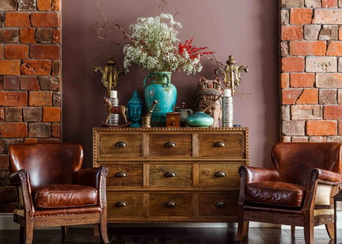 Wooden chest of drawers in the living room interior