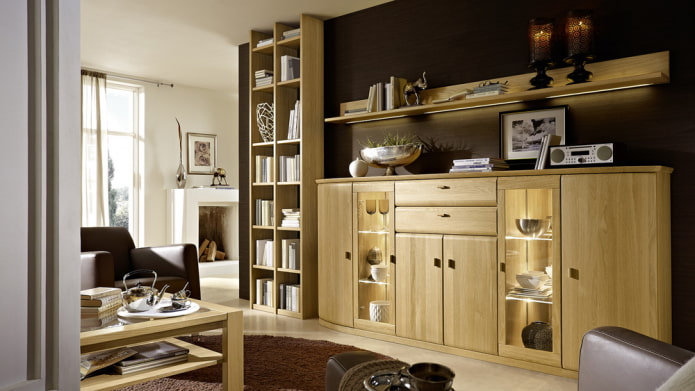 Chest of drawers for dishes in a dark living room