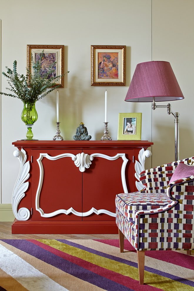 red chest of drawers in the living room