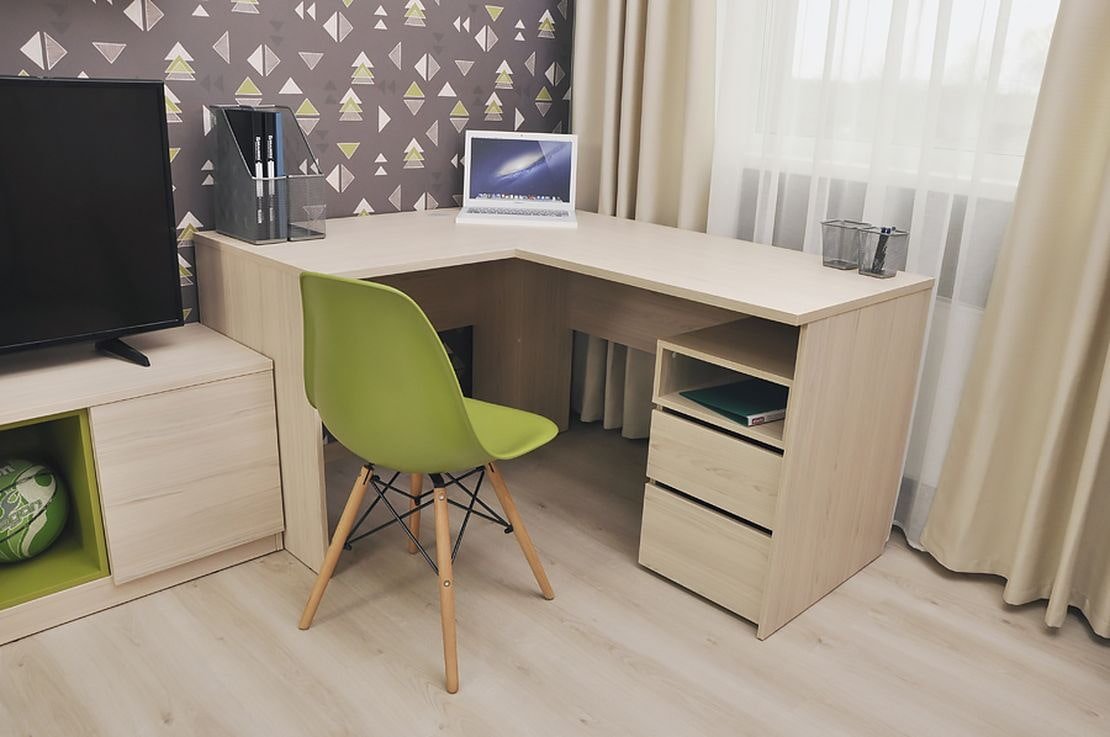 living room interior with corner computer desk