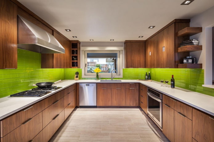 kitchen interior in green and brown tones