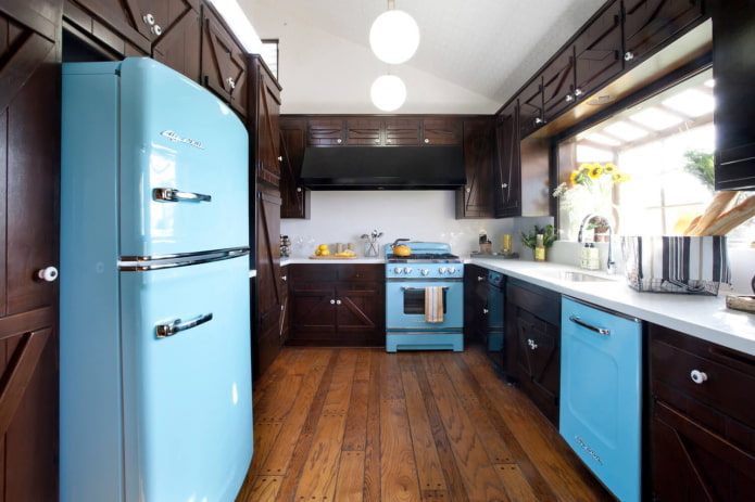 brown kitchen interior with bright accents