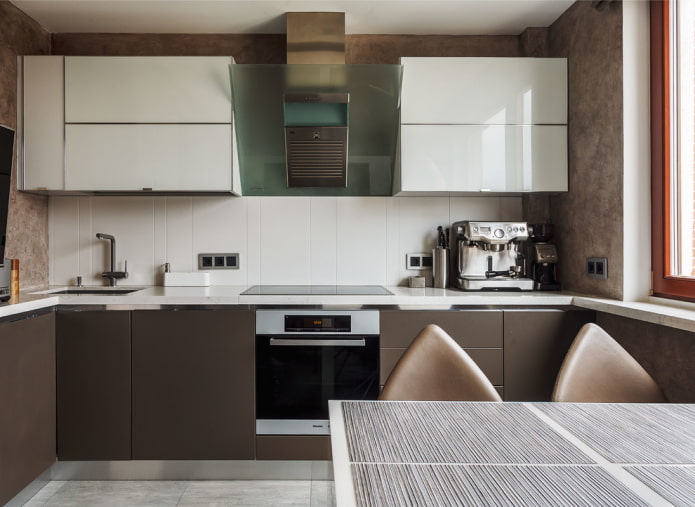 furniture and appliances in the kitchen interior in brown tones