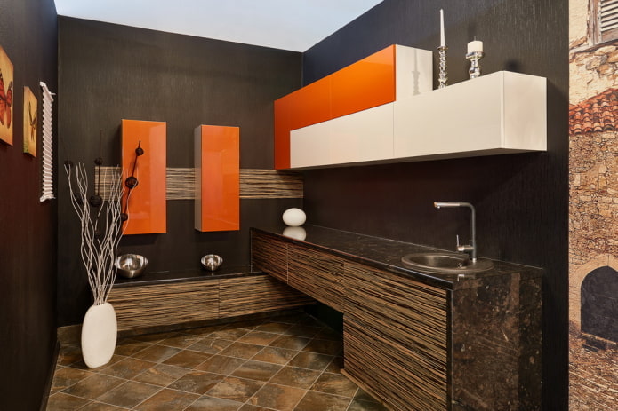 brown kitchen interior with bright accents