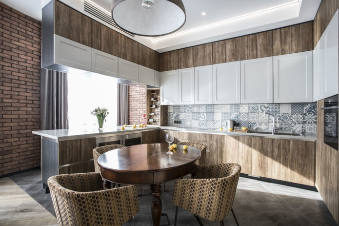 furniture and appliances in the kitchen interior in brown tones