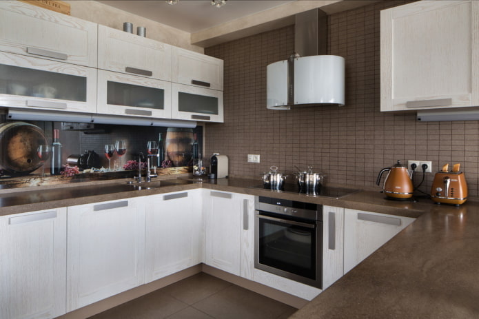 kitchen interior in white and brown tones