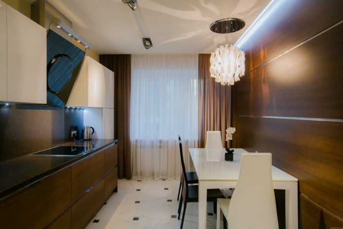 curtains in the kitchen interior in brown tones