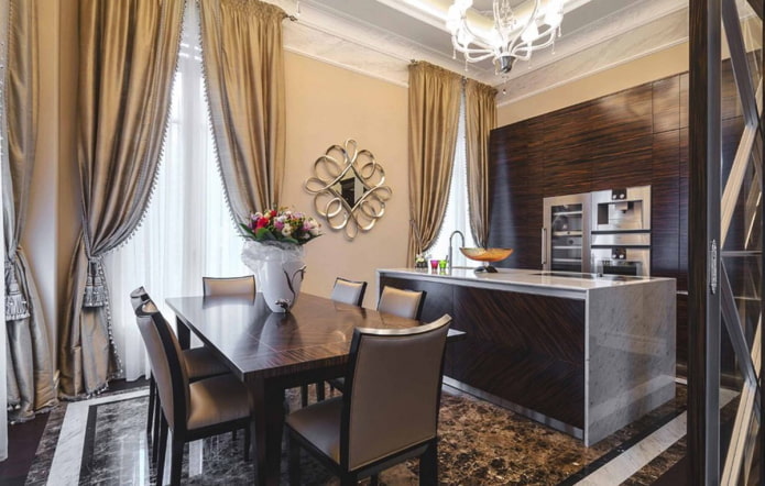 curtains in the kitchen interior in brown tones