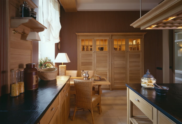 furniture and appliances in the kitchen interior in brown tones
