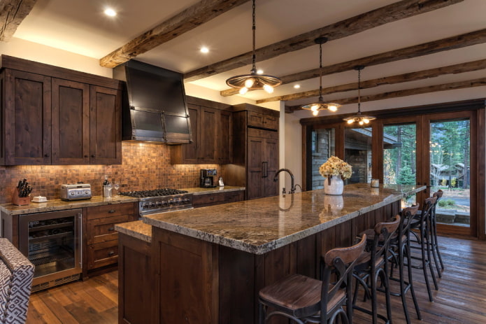kitchen in brown tones in the chalet style