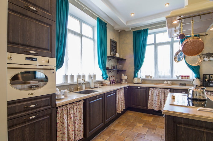 curtains in the kitchen interior in brown tones