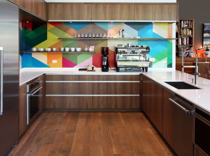 brown kitchen interior with bright accents