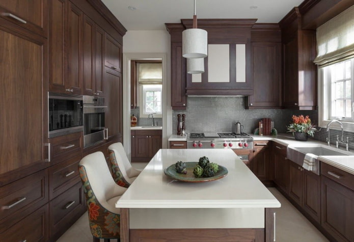 furniture and appliances in the kitchen interior in brown tones