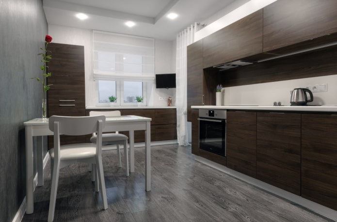 kitchen interior in white and brown tones