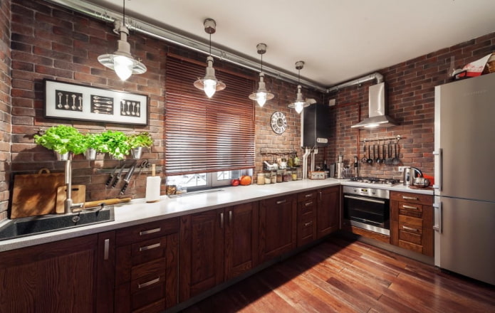 kitchen in brown tones in the loft style