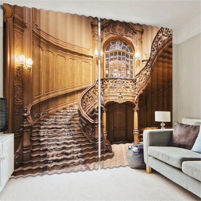 3D curtains with a staircase image