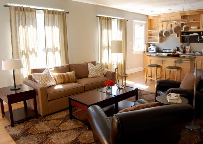 brown curtains and sofa