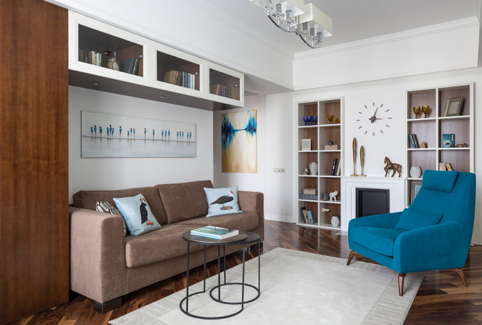 light walls and a brown sofa with bright pillows