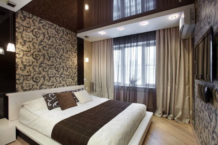 brown glossy stretch ceiling in the bedroom