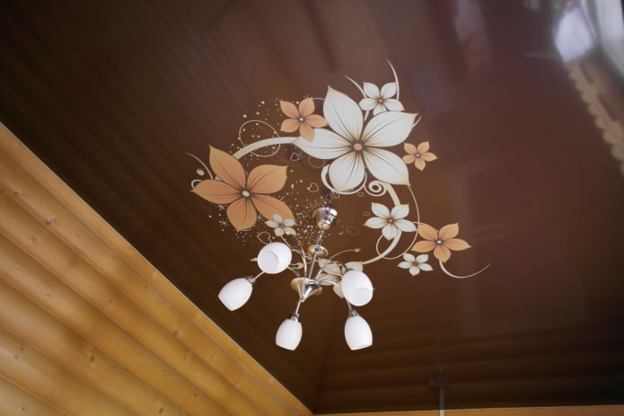 brown stretch ceiling with photo printing