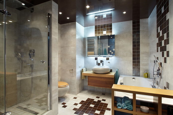 brown stretch ceiling in the bathroom