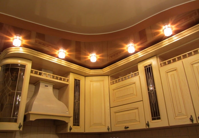 brown ceiling structure with lamps