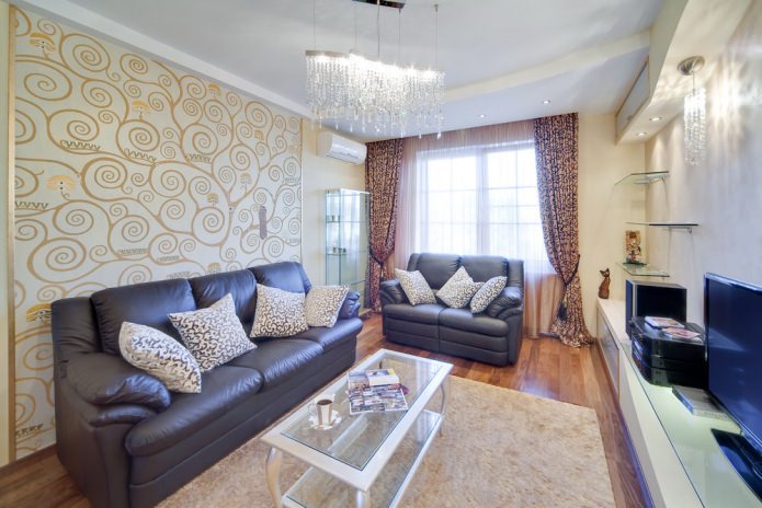 combined beige wallpaper in the living room interior