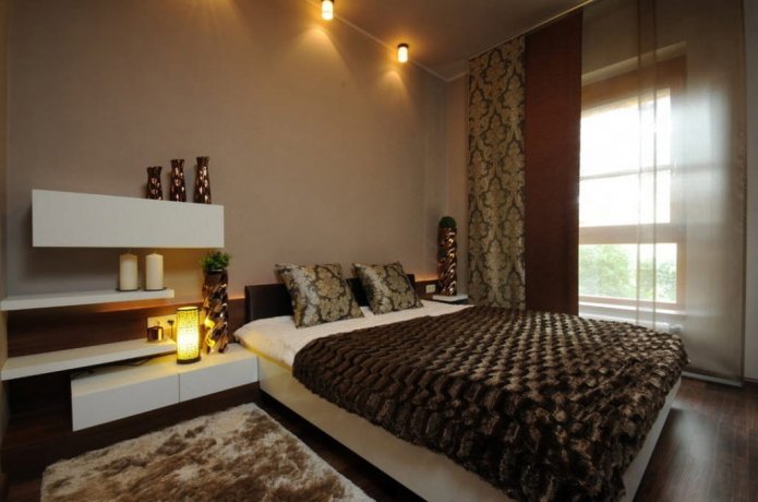 decor and lighting in the interior of a brown bedroom