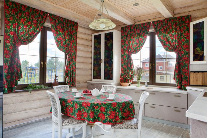 red and green short curtains with grabs